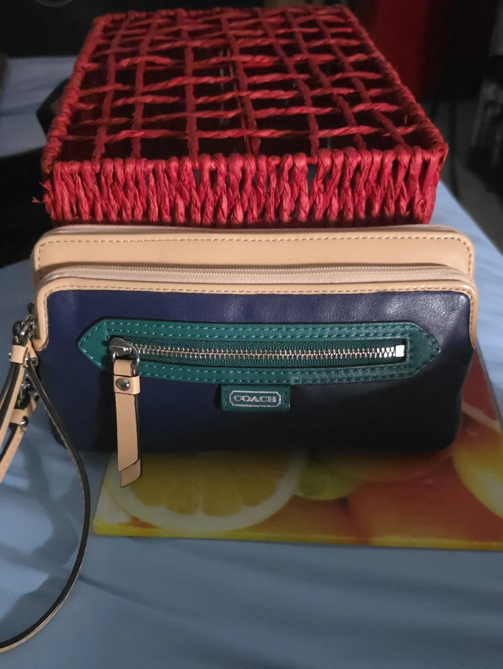 Coach Navy and Beige Leather Wristlet with Green Trim